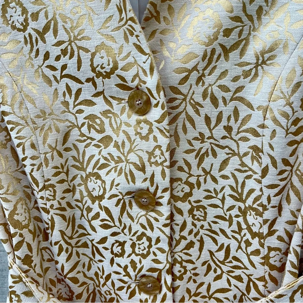 Pendleton Vintage 80s Gold Lame Cream Floral Brocade Belted Lined Blazer Jacket - Picture 8 of 16